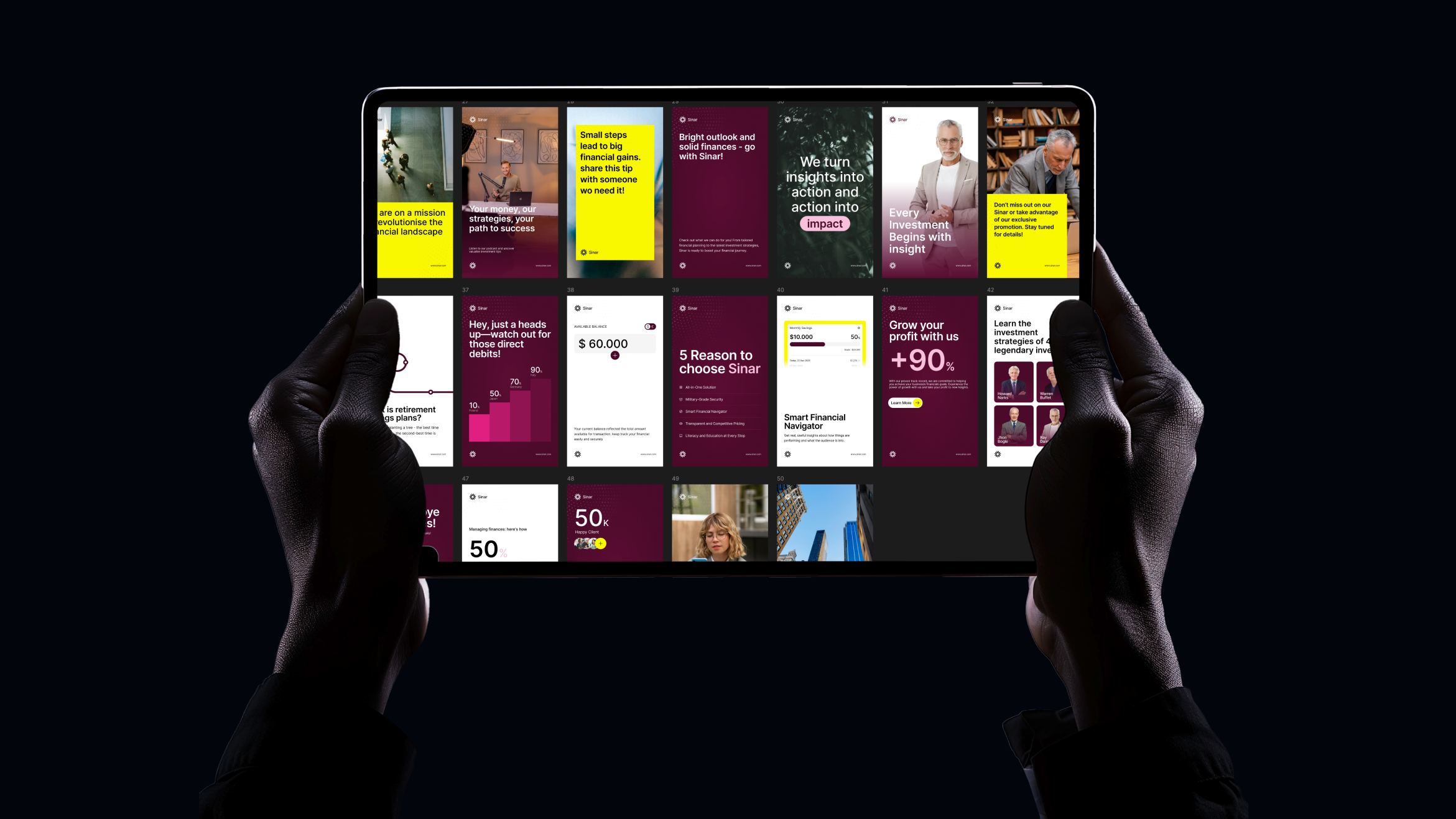 Hands holding an iPad showing a grid of branded social media story designs